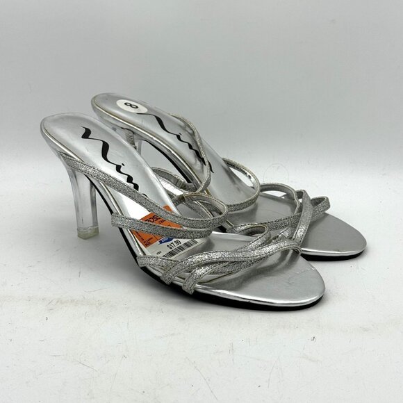 Nima Metallic Heels Sparkly Glitter Silver Slip On Pumps Open Toe Y2K 90s Womens - Picture 1 of 7